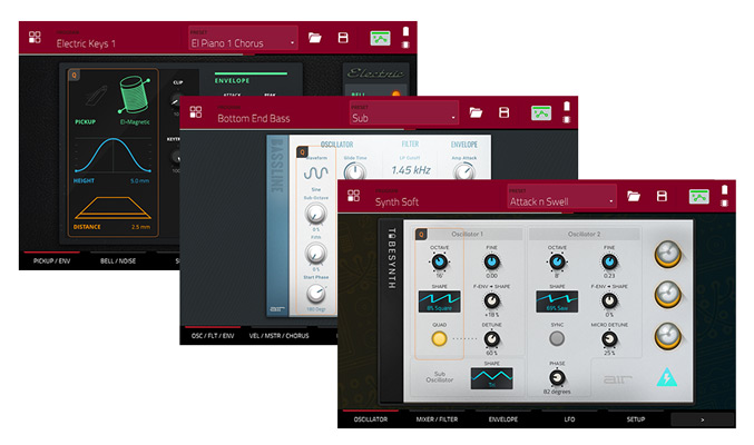 Вікна плагінів AIR Electric, Bassline і TubeSynth з налаштуваннями звучання